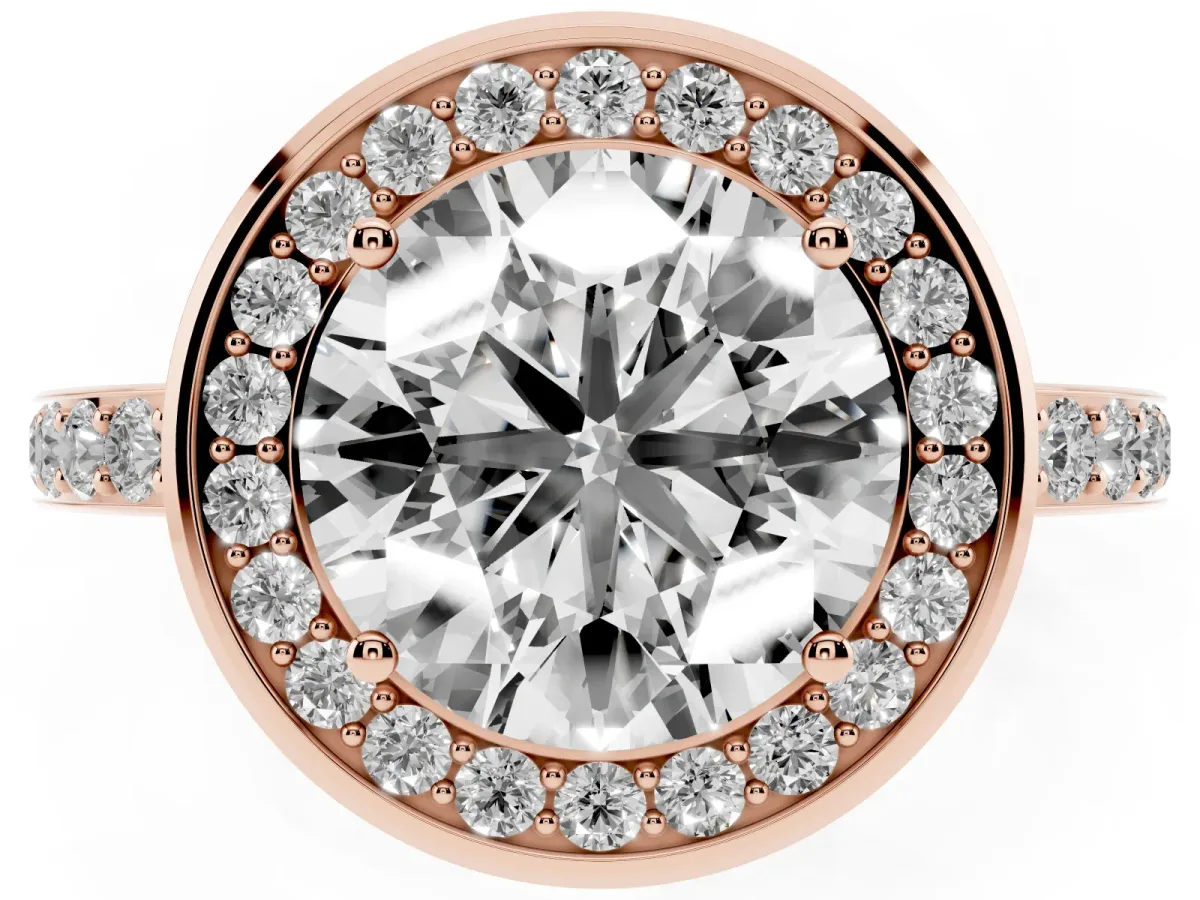 Round Cut Diamond Halo Ring with Bezel Frame and Pavé Band Rose gold