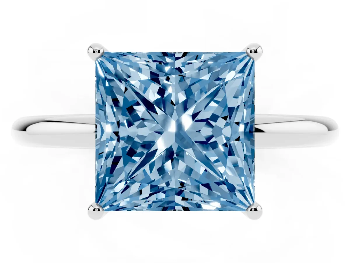 Fancy Blue Princess Cut Solitaire Diamond Ring with a Classic Band and Four-Prong Setting Silver