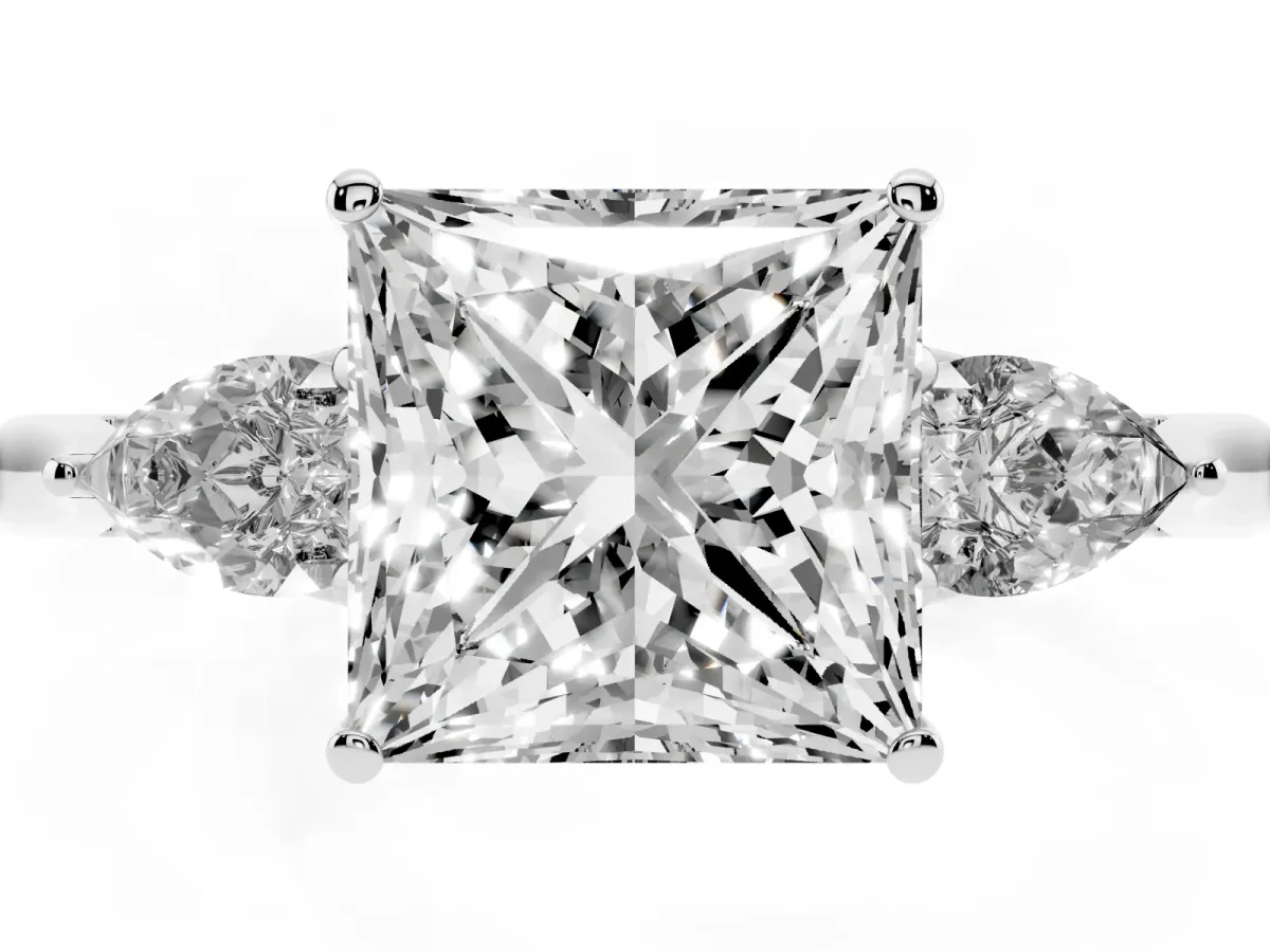 Three-Stone Princess Cut Diamond Ring with Pear Side Stones in Four-Prong Setting Silver