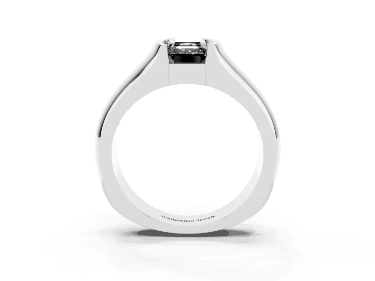 Fancy Black Emerald Cut Solitaire Bezel Set Diamond Ring with Wide Band Platinum