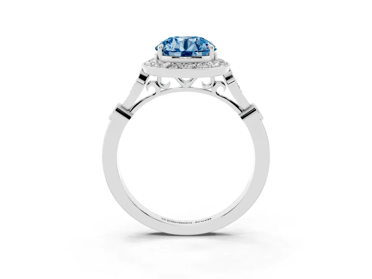 Fancy Blue Round Cut Halo Diamond Engagement Ring with Twisted Band and Four-Prong Setting Silver