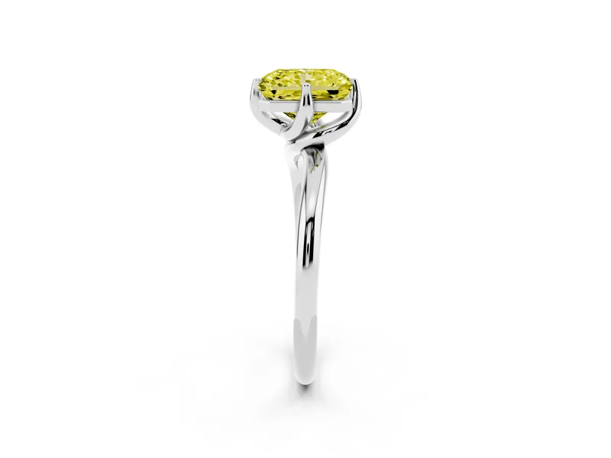 Fancy Yellow Radiant Cut Diamond Solitaire Engagement Ring with Four-Prong Setting and Classic Band Silver