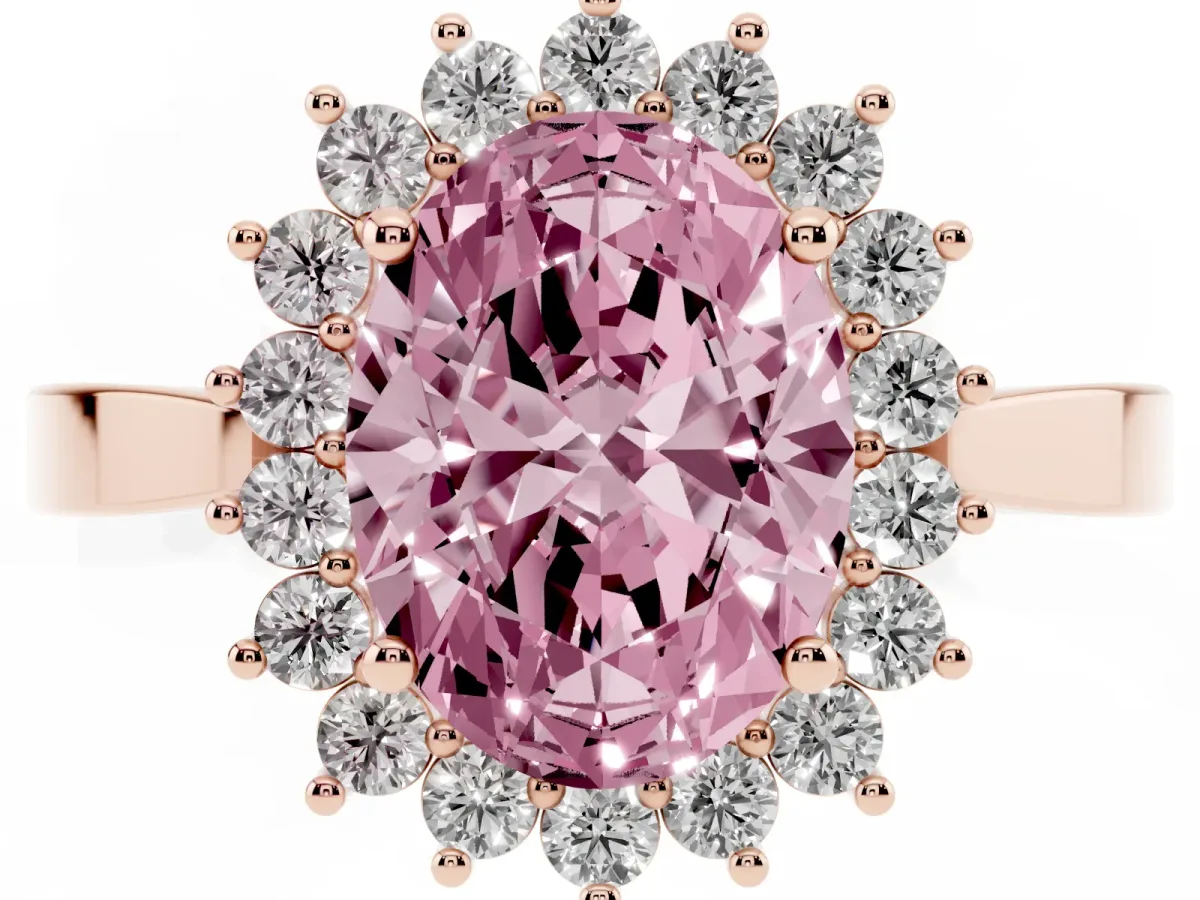 Fancy Pink Oval Cut Cut Diamond Halo Ring with Round Brilliant Halo and Solitaire Band Rose gold