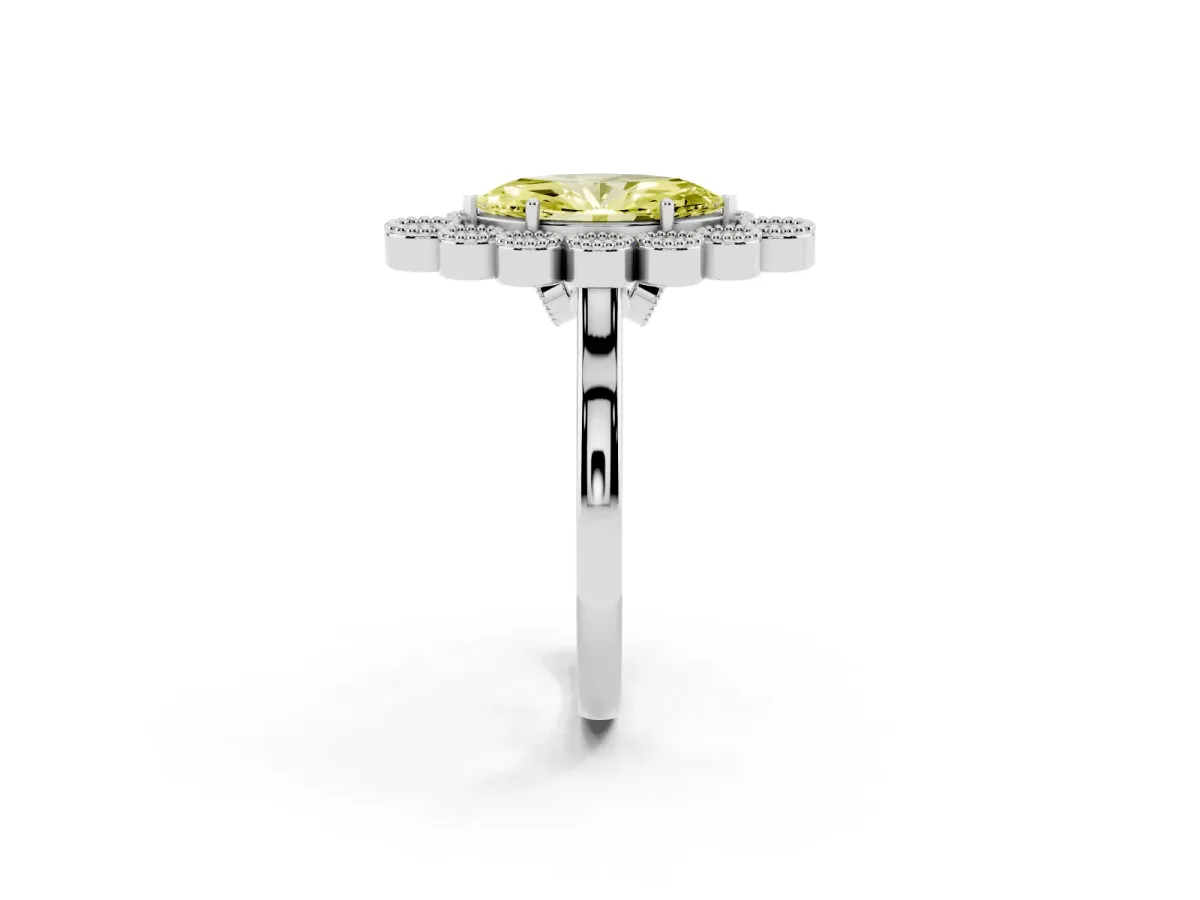 Fancy Yellow Marquise Cut Halo Diamond Cluster Engagement Ring with Milgrain Bezel Setting and Solitaire Band Silver