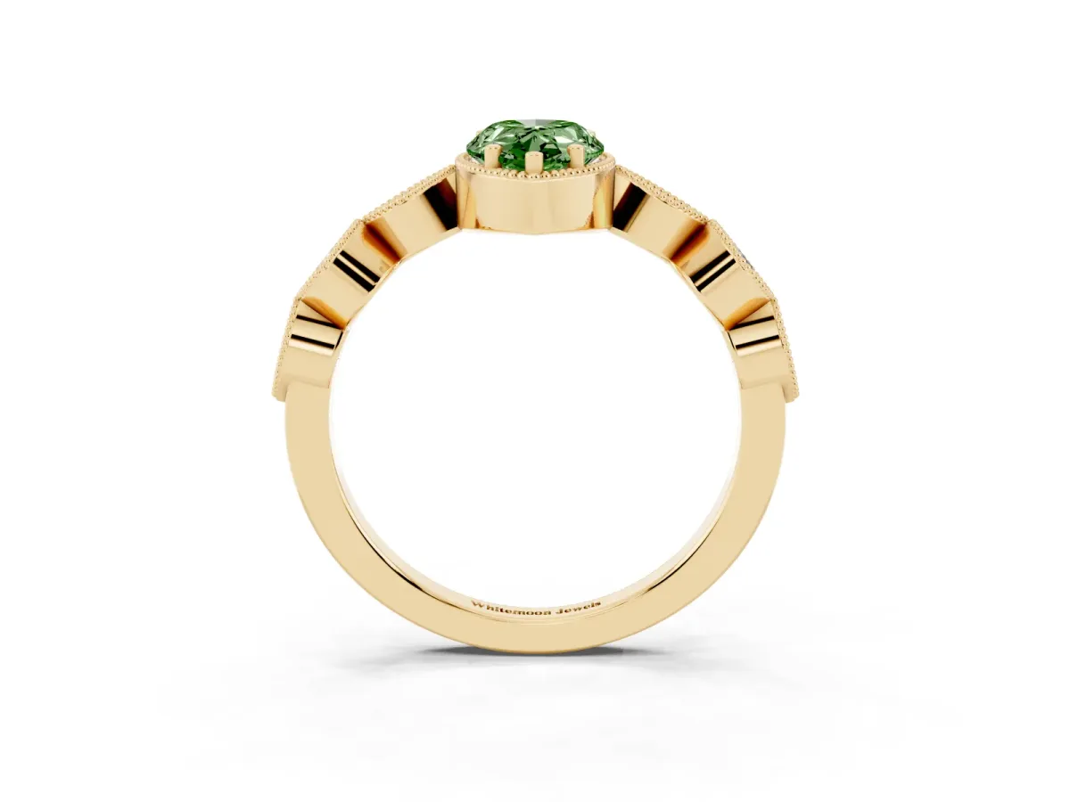 Fancy Green Pear Cut Diamond Vintage Milgrain Ring with Round Stations Yellow gold