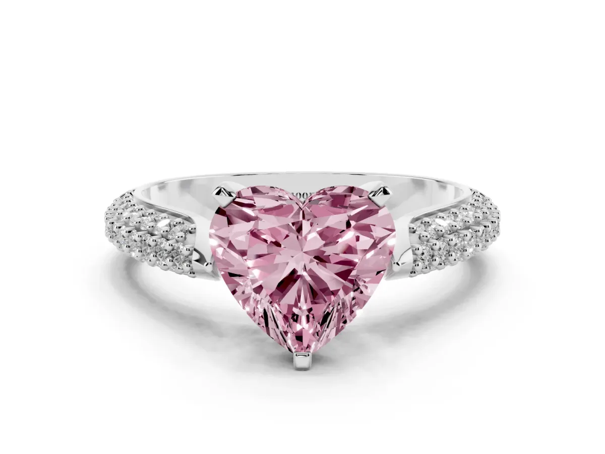 Fancy Pink Heart Cut Diamond Solitaire Engagement Ring with Multi-Row Round Pavé Band and Prong Setting Silver