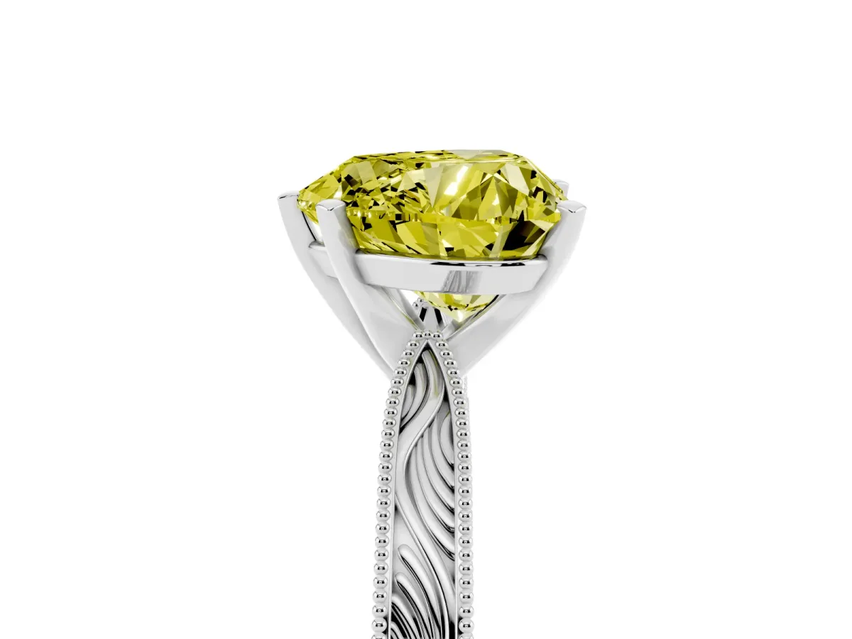 Fancy Yellow Heart Cut Solitaire Milgrain Engraved Band with Four-Prong Setting Silver
