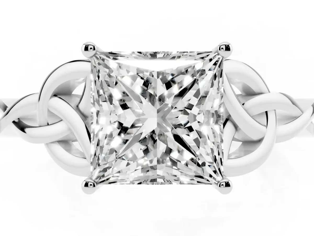 Princess Cut Diamond Solitaire Engagement Ring with Celtic Knot Band and Four-Prong Setting White gold