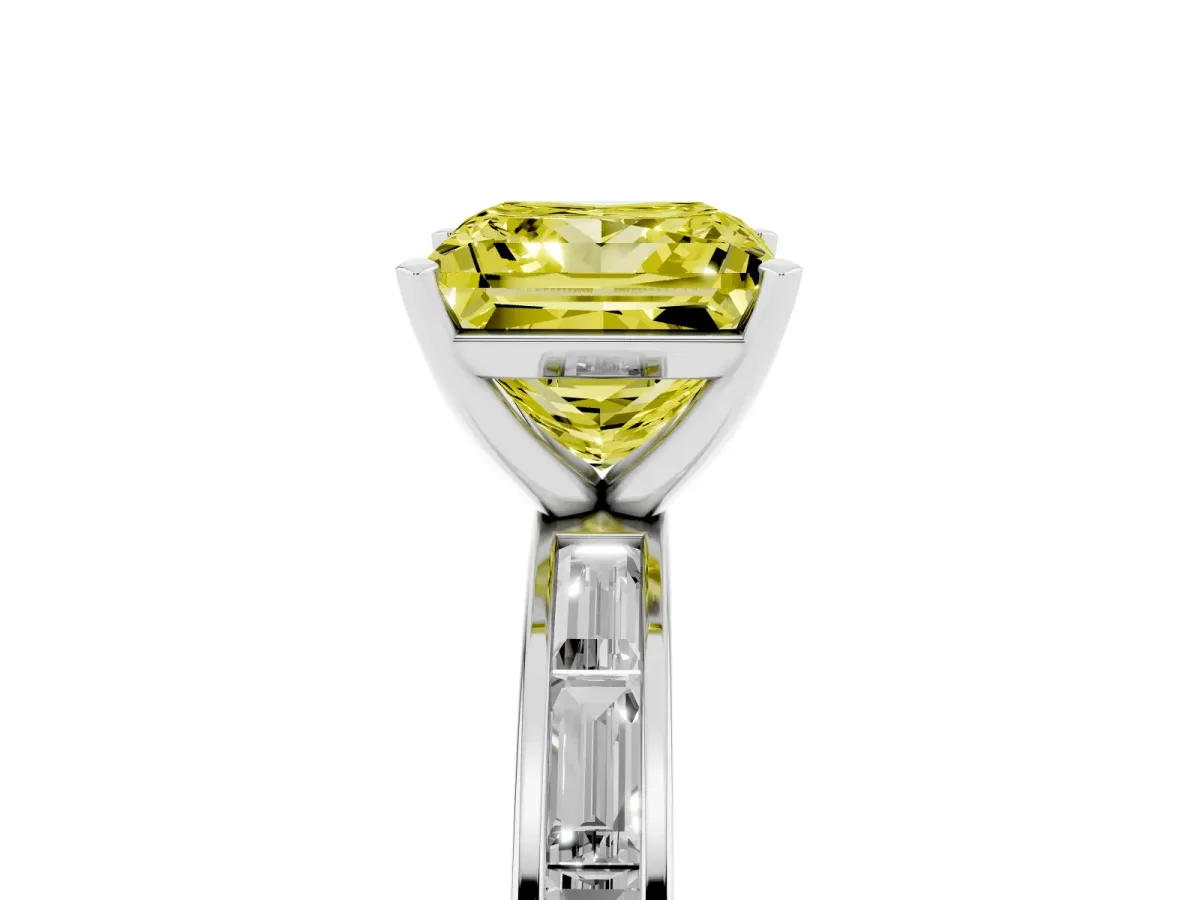 Fancy Yellow Princess Cut Solitaire Diamond Ring with Channel-Set Baguette Band and Four-Prong Setting Platinum