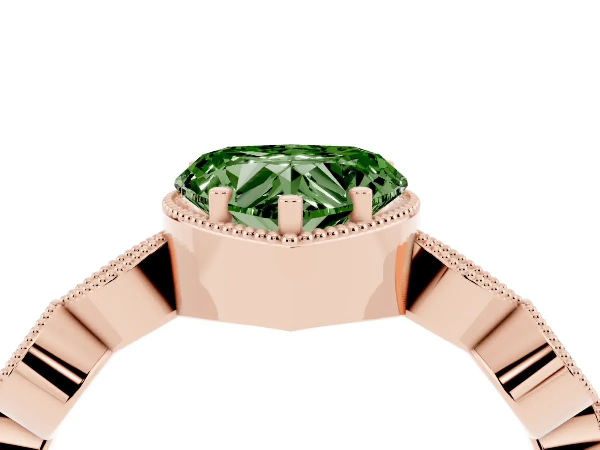 Fancy Green Heart Cut Diamond Vintage Milgrain Ring with Round Stations Rose gold