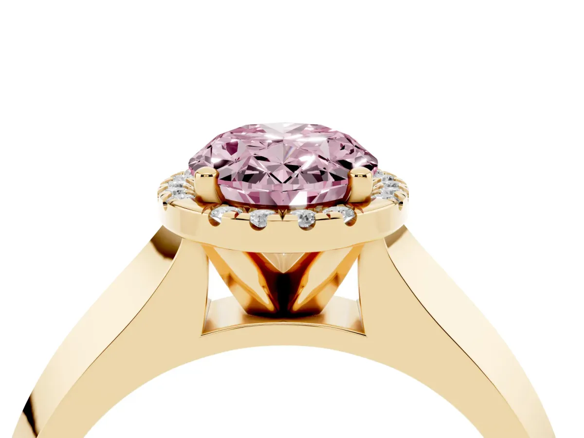 Fancy Pink Oval Cut Halo Diamond Ring with Cathedral Band and Four-Prong Setting Yellow gold