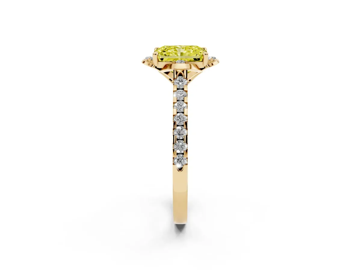 Fancy Yellow Radiant Cut Diamond Ring with Pavé Band and Floral Prong Setting Yellow gold