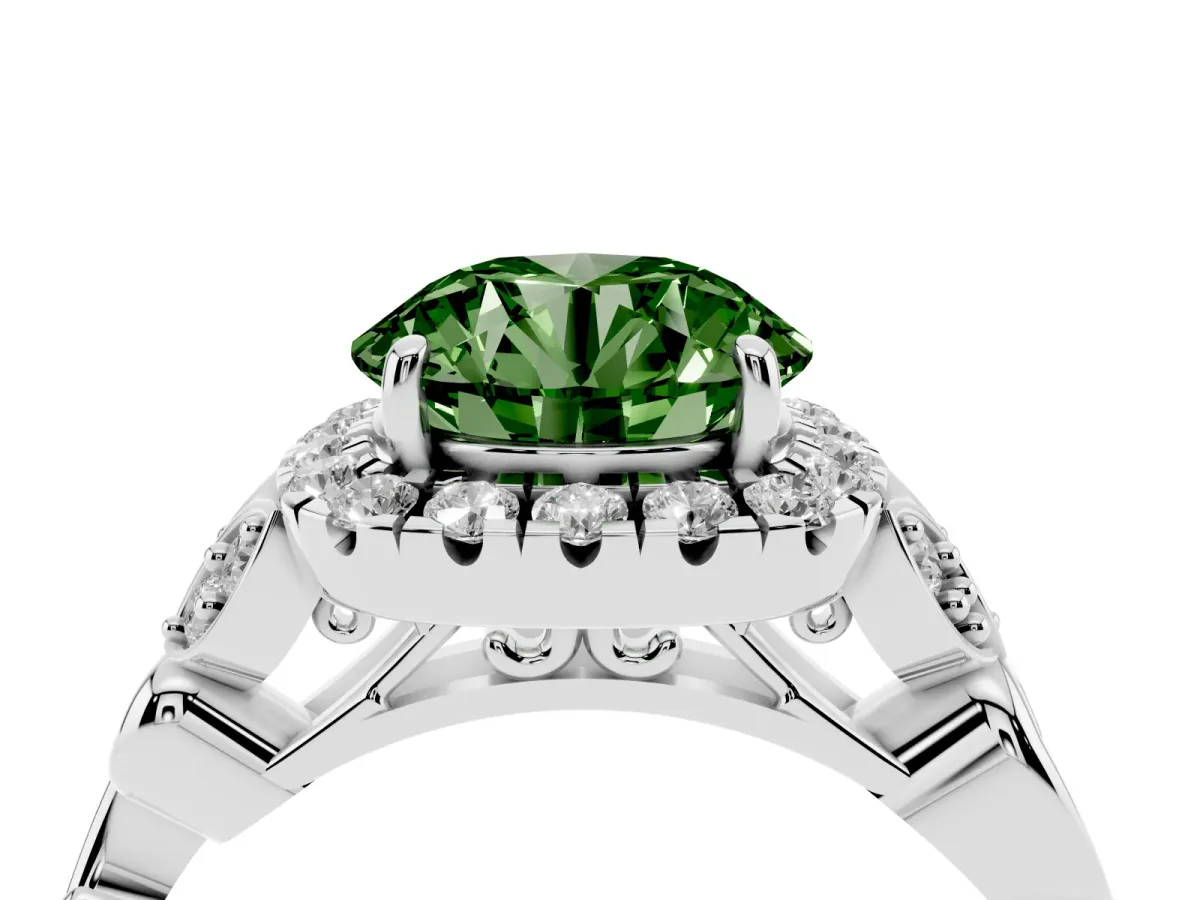 Fancy Green Round Cut Halo Diamond Engagement Ring with Vintage-Inspired Band and Four-Prong Setting Silver