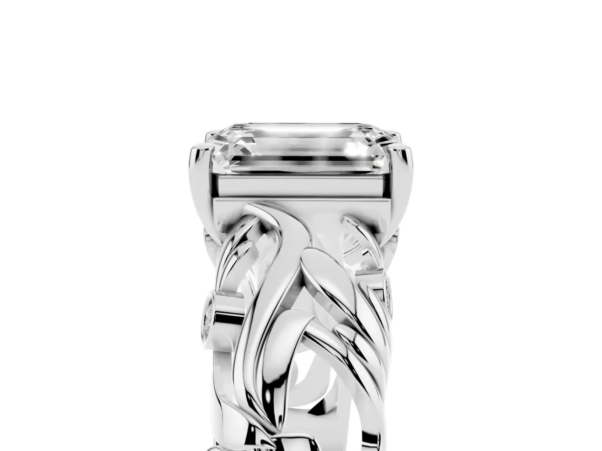 Emerald Cut Solitaire Diamond Leaf-Inspired Vine Band Ring with Prong Setting Platinum