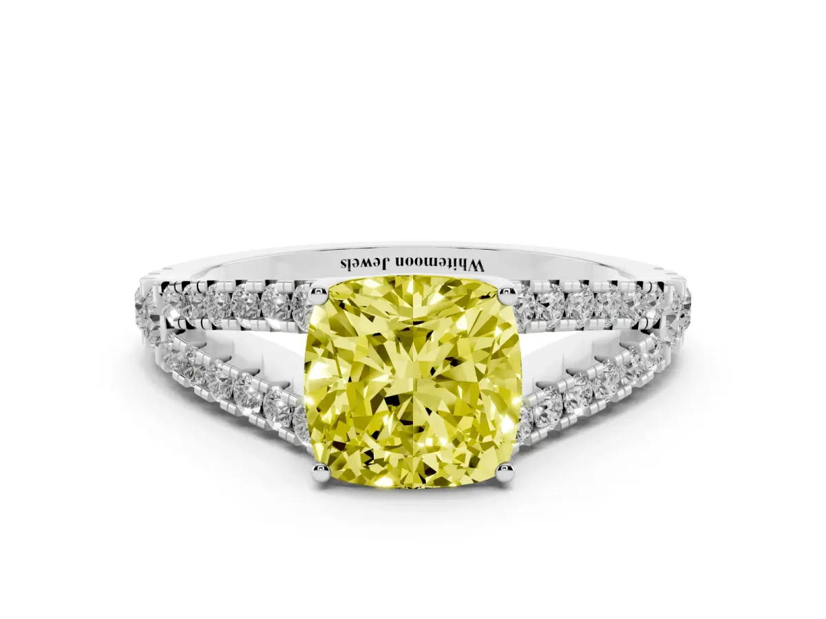 Fancy Yellow Cushion Cut Diamond Split Shank Pavé Engagement Ring with Four-Prong Setting Platinum
