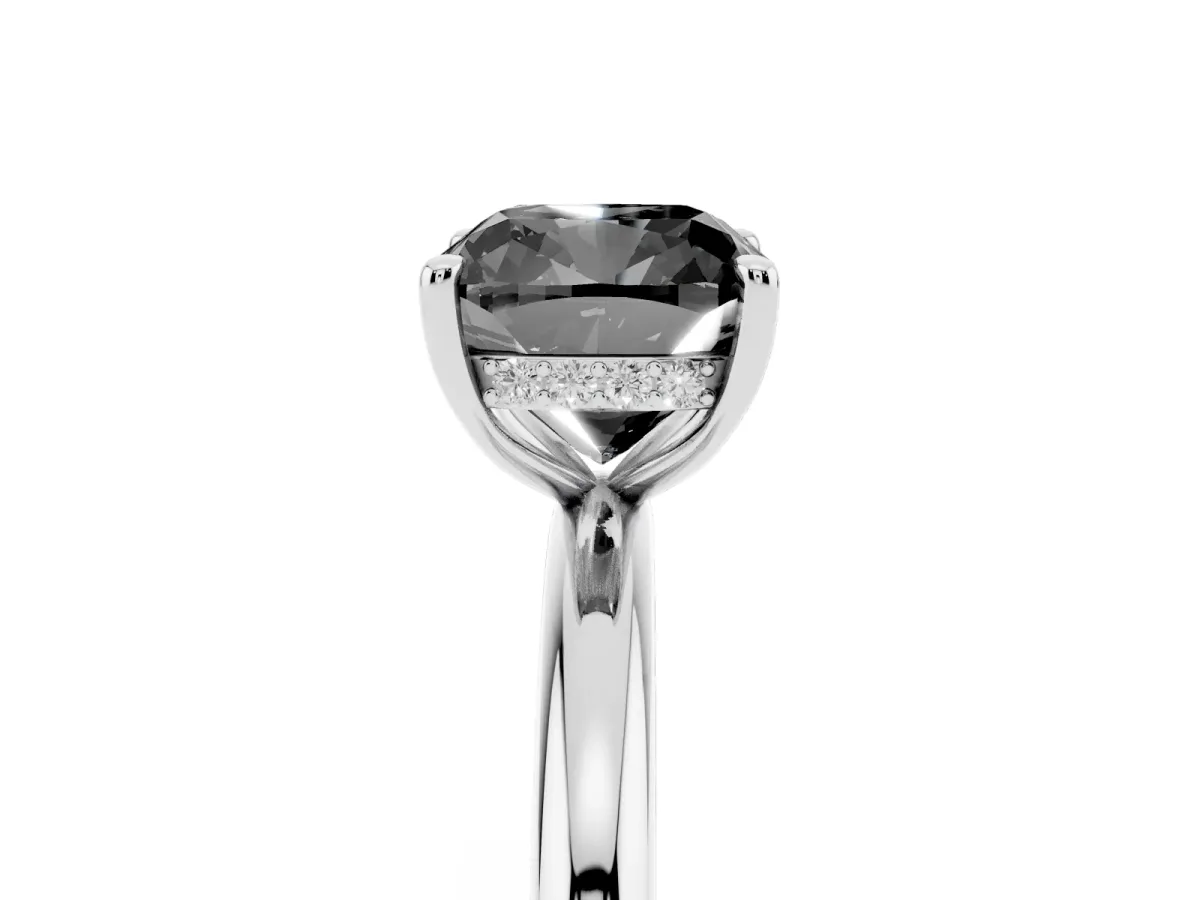 Fancy Black Cushion Cut Diamond Solitaire Ring with Thin Band and Four-Prong Setting Platinum