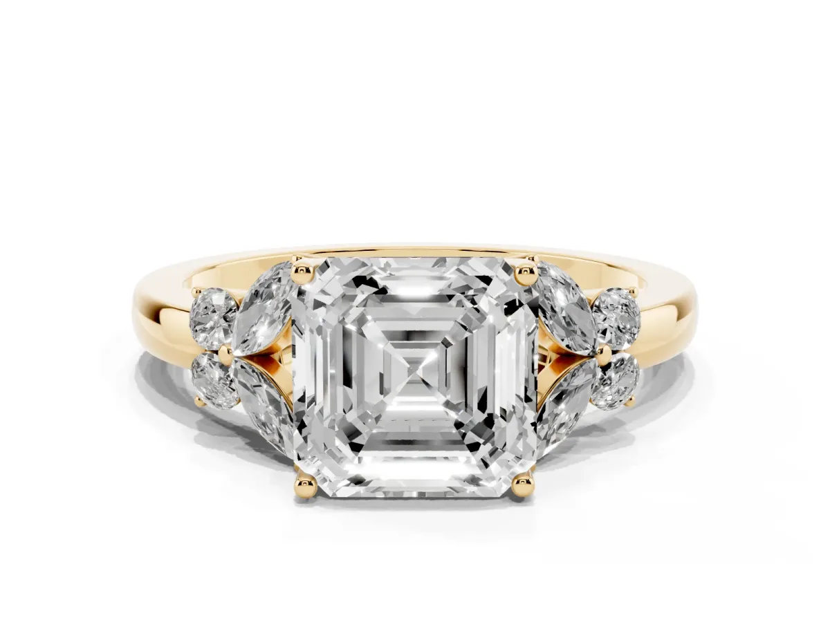 Asscher Cut Cut Solitaire Floral Diamond Ring with Four-Prong Setting Yellow gold