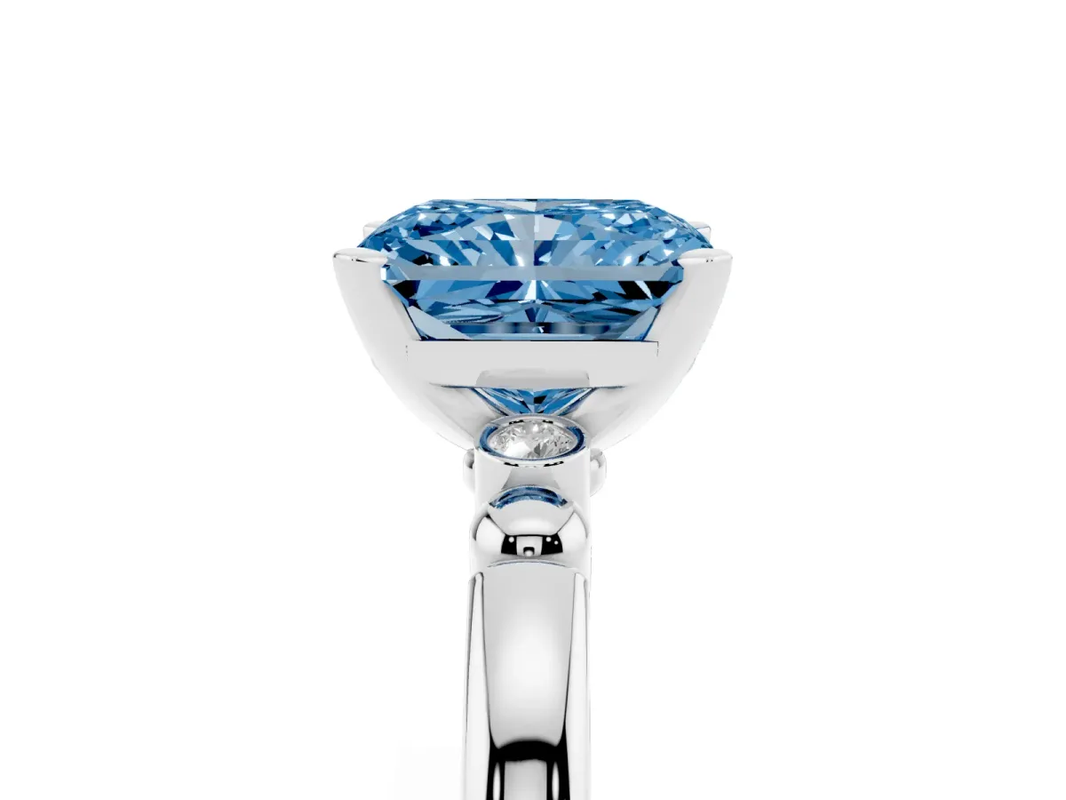 Fancy Blue Radiant Cut Solitaire Beaded Band with Four-Prong Setting White gold