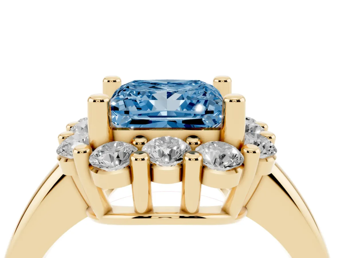 Fancy Blue Princess Cut Halo Cluster Diamond Engagement Ring with Prong Setting and Polished Band Yellow gold