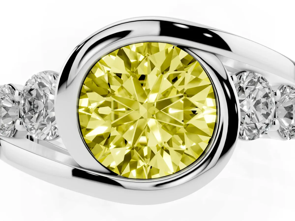 Fancy Yellow Bezel Set Round Cut Diamond Bypass Ring with Round Accents Silver