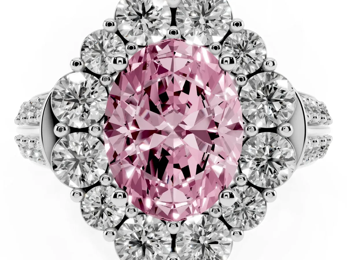 Fancy Pink Oval Cut Halo Diamond Engagement Ring with Split Shank and Prong Setting Silver