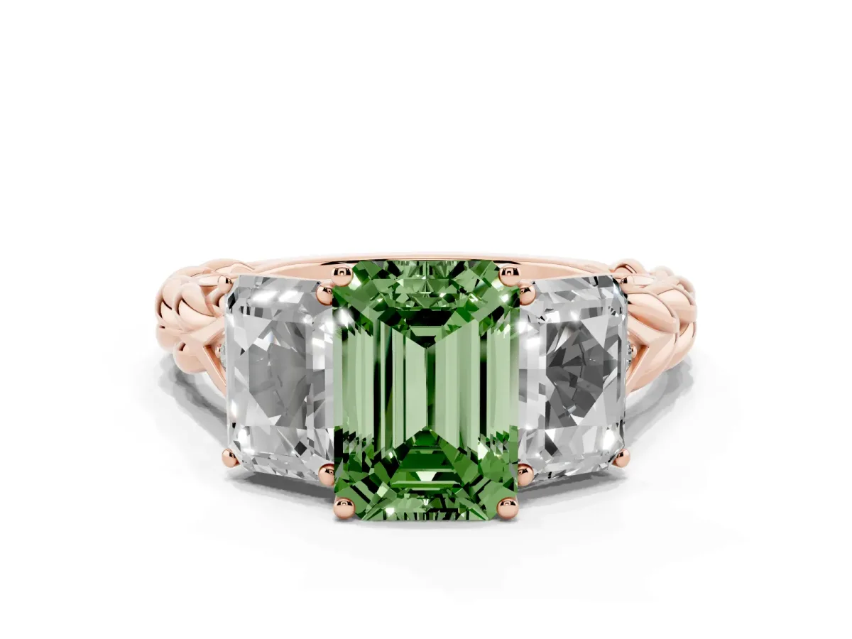 Fancy Green Three-Stone Radiant Cut Diamond Braided Band Ring with Four-Prong Setting Rose gold