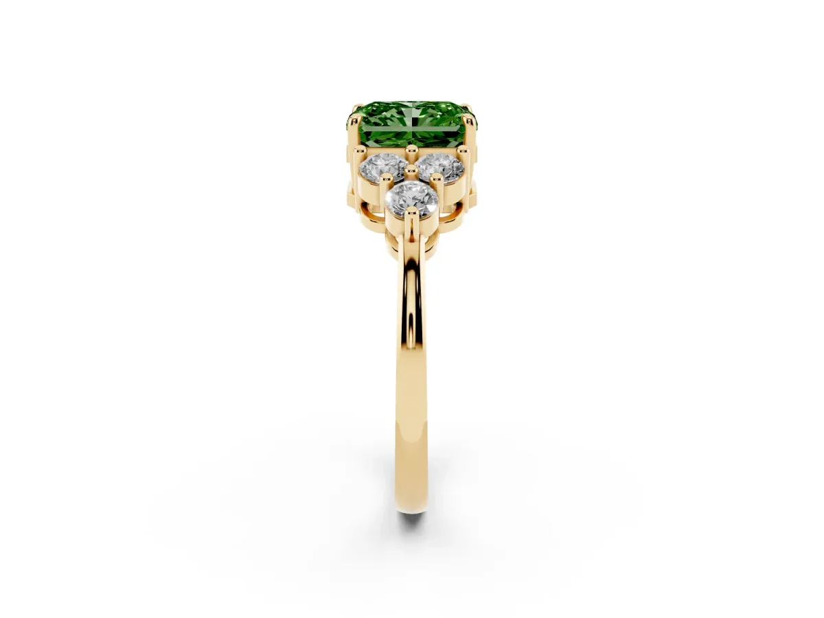 Fancy Green Radiant Cut Brilliant Diamond Cluster Accent Solitaire Ring with Prong Setting Yellow gold