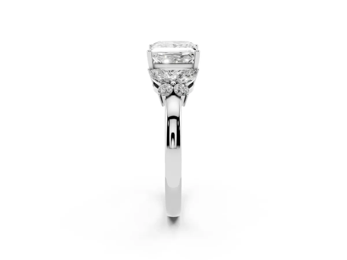 Princess Cut Cut Solitaire Floral Diamond Ring with Four-Prong Setting Platinum