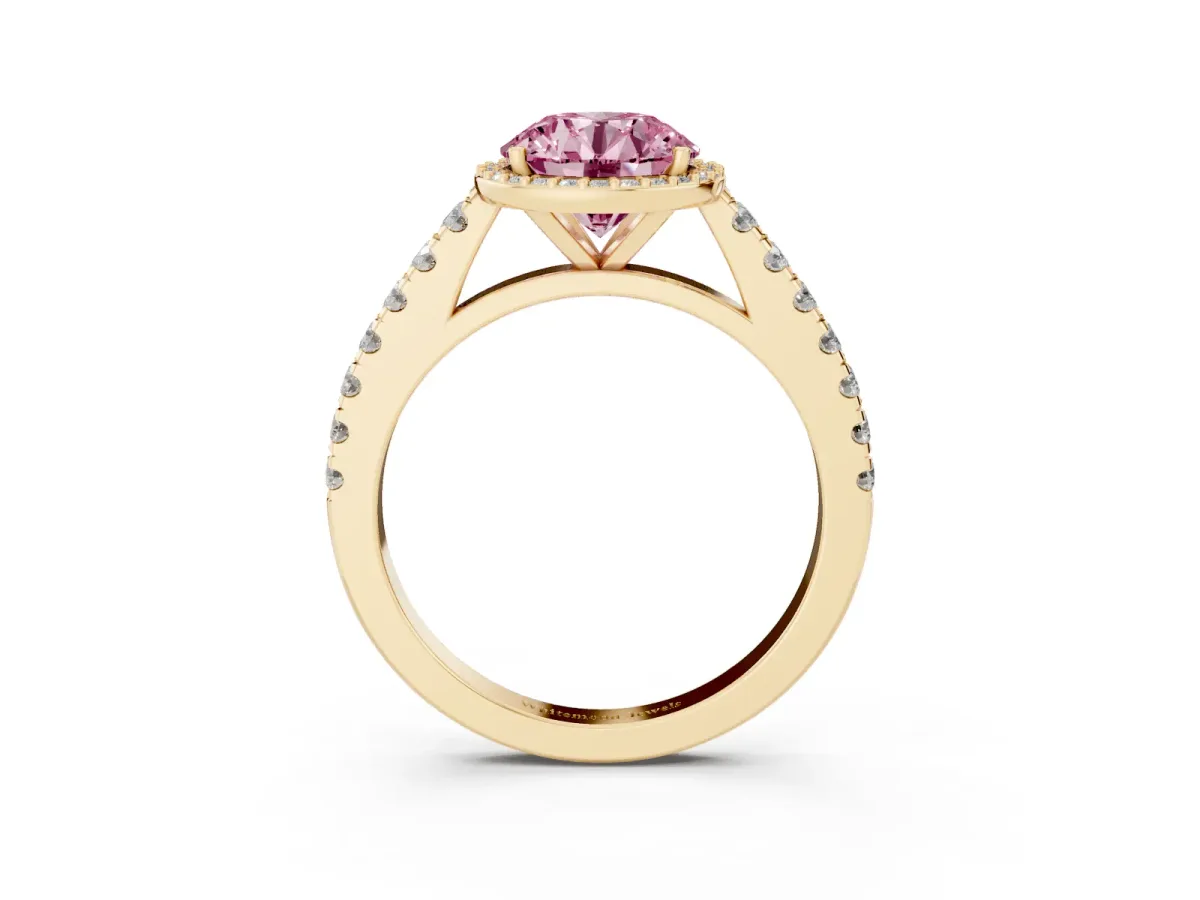 Fancy Pink Round Cut Cut Halo Diamond Engagement Ring with Pave Band and Four-Prong Setting Yellow gold