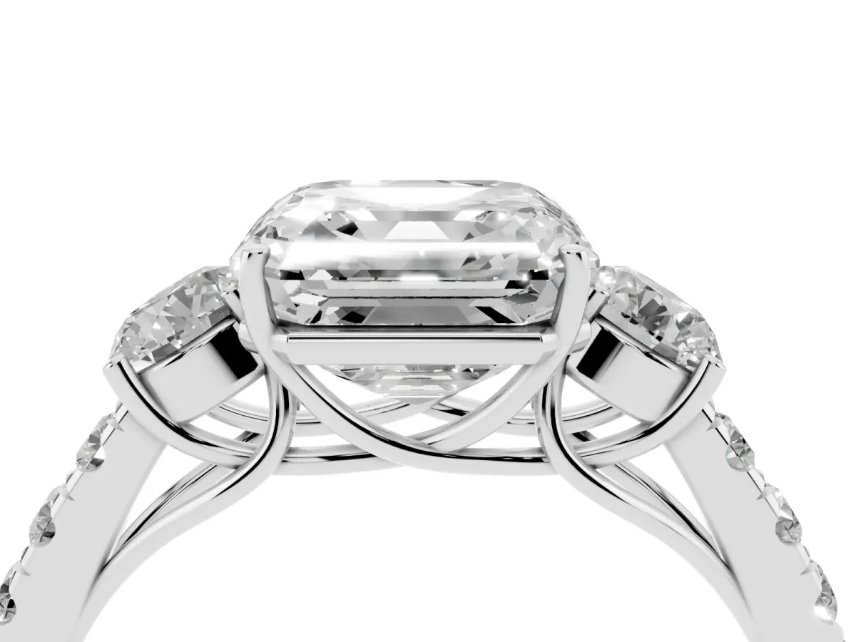 Asscher Cut Cut Diamond Three-Stone Ring with Round Side Stones and Pavé Band White gold