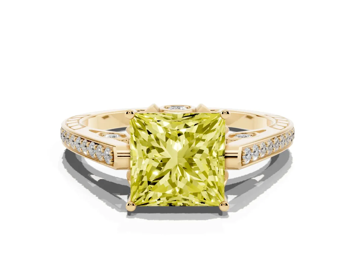 Fancy Yellow Princess Cut Cut Cathedral Pave Diamond Engagement Ring with Six-Prong Setting Yellow gold