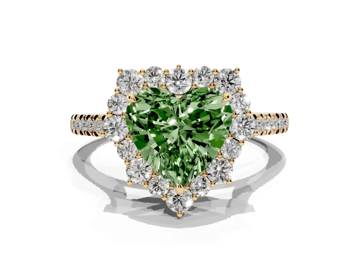 Fancy Green Heart Cut Halo Diamond Ring with Pavé Band and Prong Setting Yellow gold