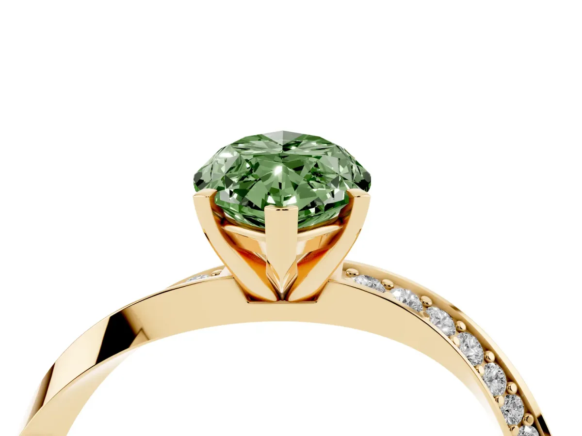 Fancy Green Marquise Cut Diamond Engagement Ring with Side Stone Accents and Four-Prong Setting Yellow gold