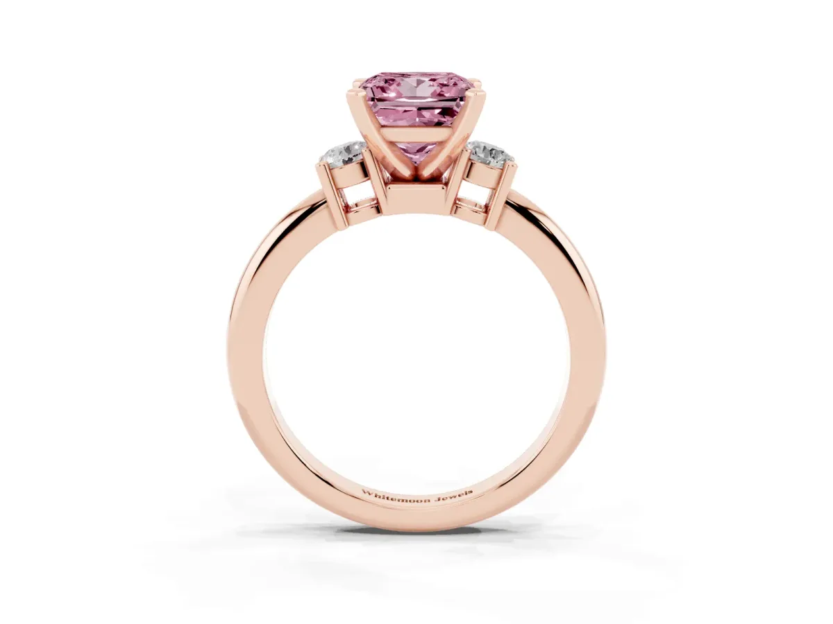 Fancy Pink Three-Stone Princess Cut Cut Diamond Solitaire with Prong Setting and Classic Band Rose gold