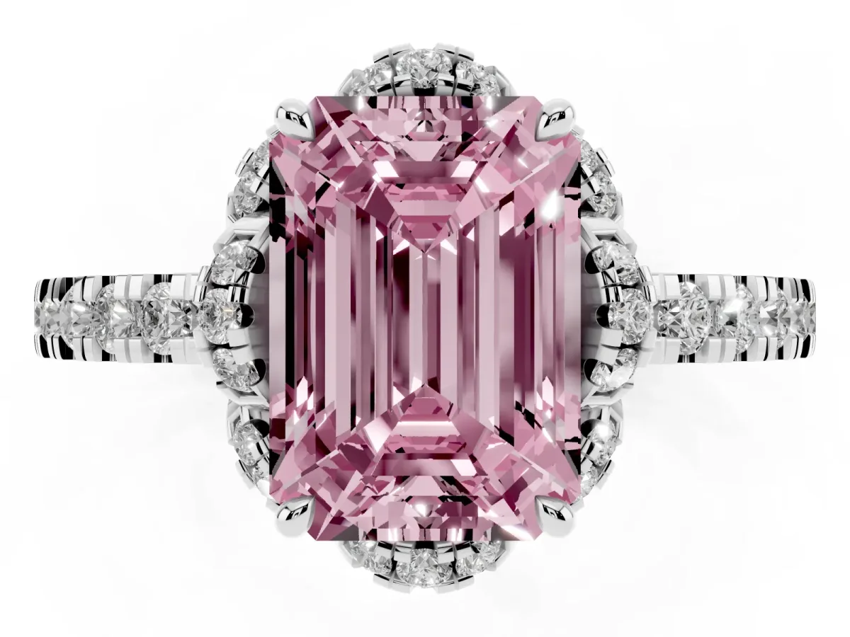 Fancy Pink Emerald Cut Diamond Halo Pave Band with Four-Prong Setting Silver