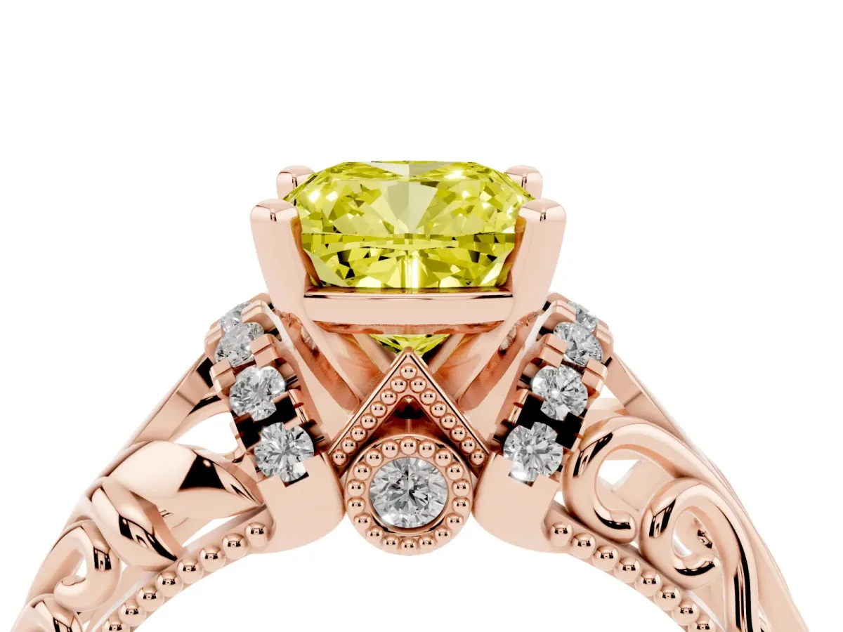 Fancy Yellow Cushion Cut Solitaire Filigree Engagement Ring with Halo and Prong Setting Rose gold