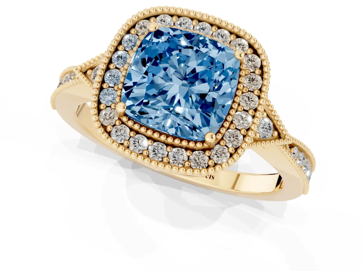 Fancy Blue Cushion Cut Halo Round Diamond Milgrain Pave Engagement Ring Yellow gold