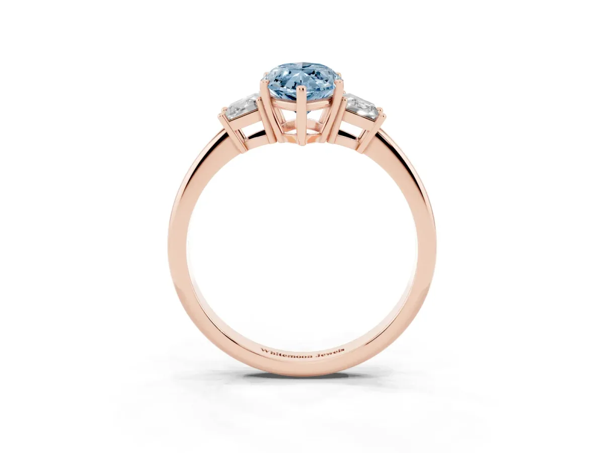 Fancy Blue Marquise Cut Diamond Three-Stone Ring with Trapezoid Side Stones and Prong Setting Rose gold