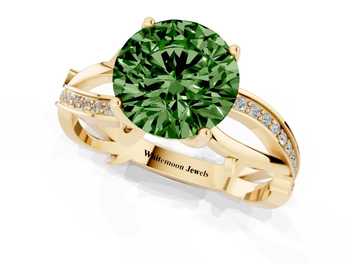 Fancy Green Round Cut Solitaire Twist Band with Pavé Accents and Four-Prong Setting Yellow gold