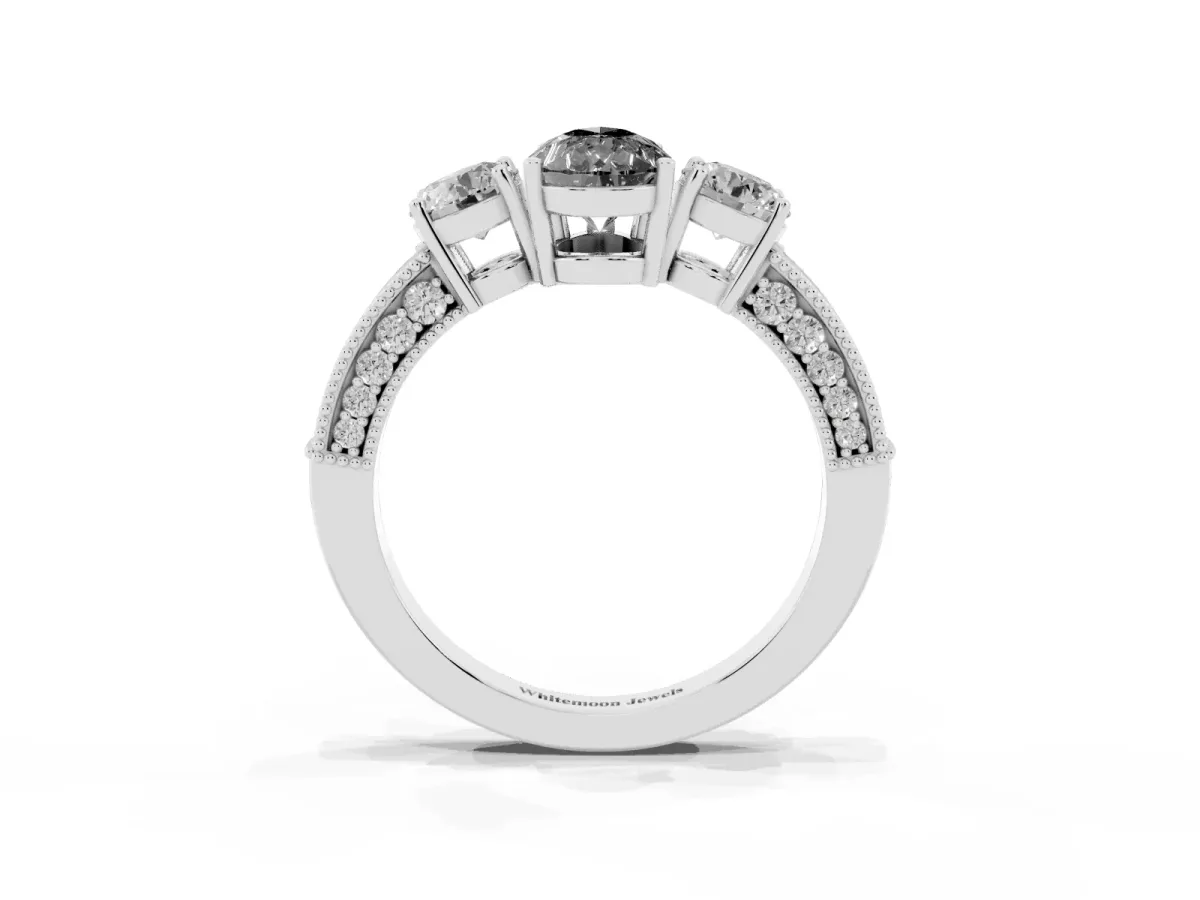Fancy Black Pear Cut Three-Stone Diamond Ring with Pavé Band and Four-Prong Setting Platinum