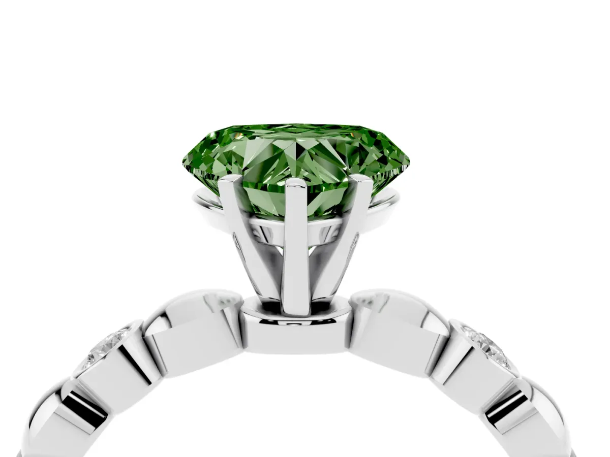 Fancy Green Heart Cut Solitaire Bezel-Set Diamond Ring with Beaded Band and Four-Prong Setting Silver