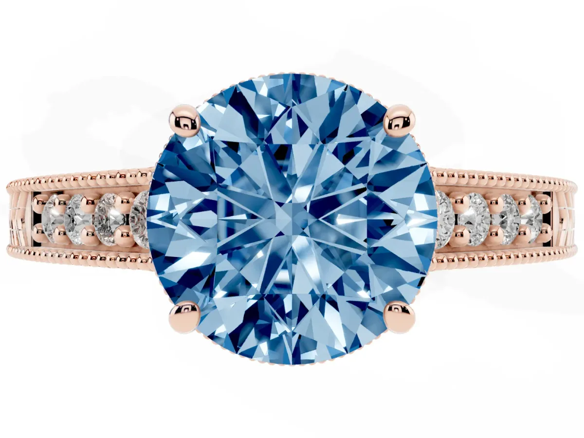 Fancy Blue Round Cut Solitaire Pavé Diamond Milgrain Engagement Ring with Four-Prong Setting Rose gold