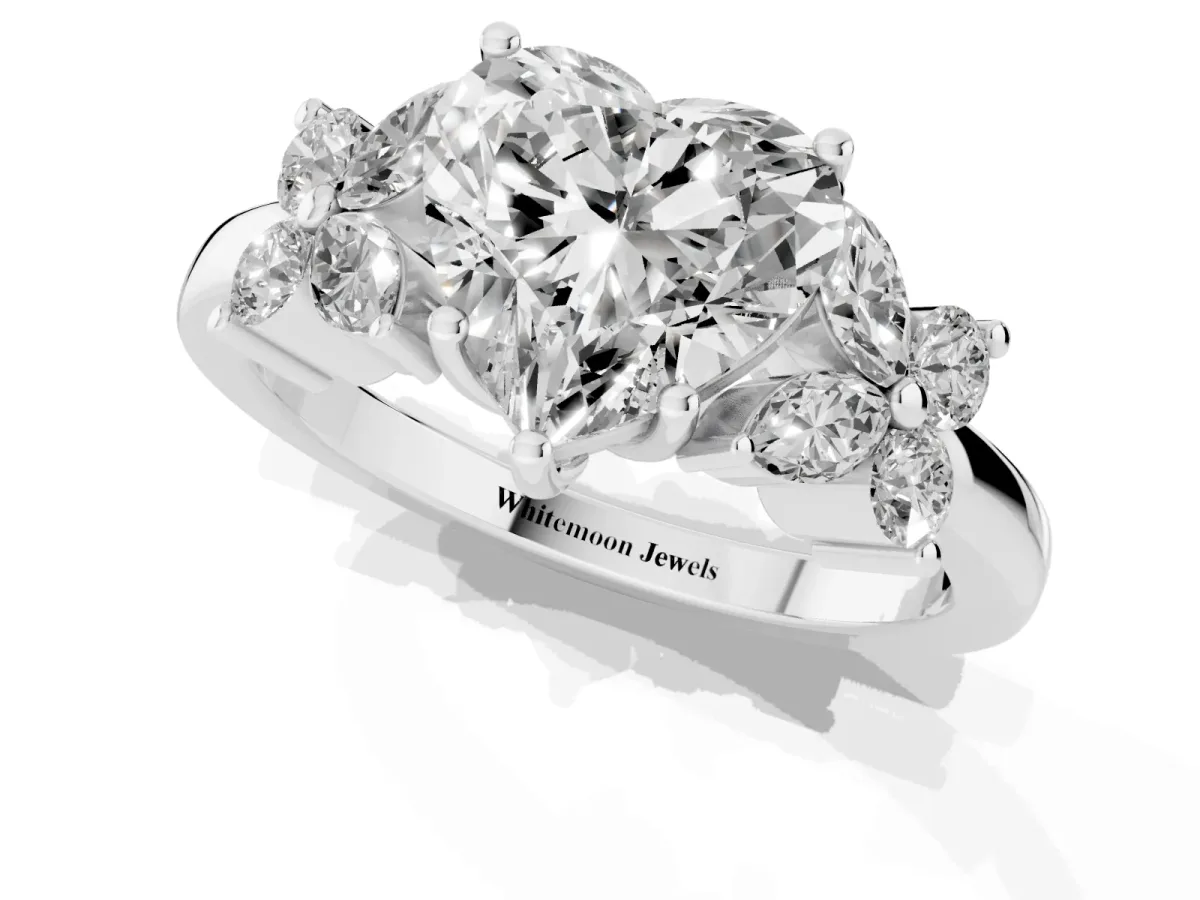 Heart Cut Diamond Floral Cluster Ring with Solitaire Band and Prong Setting Platinum