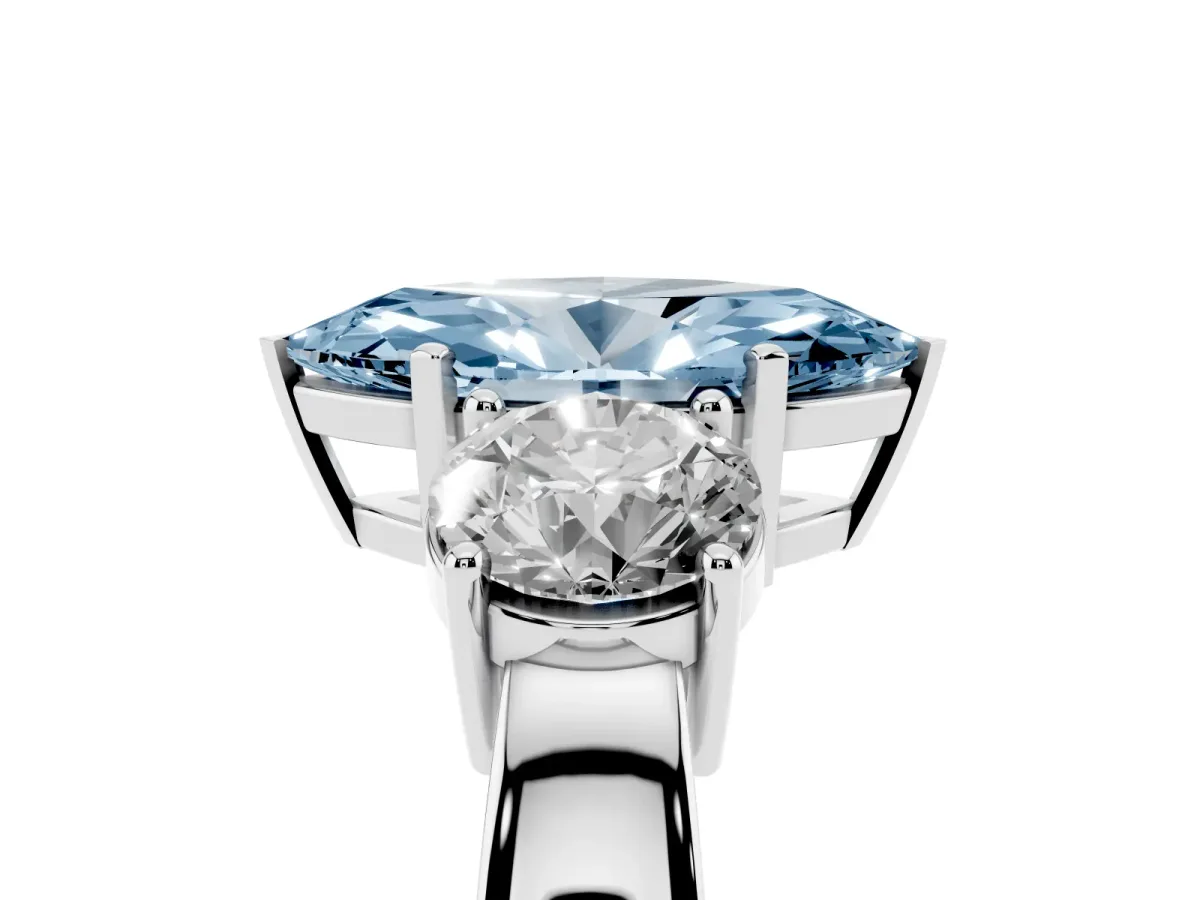 Fancy Blue Three-Stone Marquise Cut Diamond Ring with Round Side Stones, Classic Band, and Four-Prong Setting Platinum