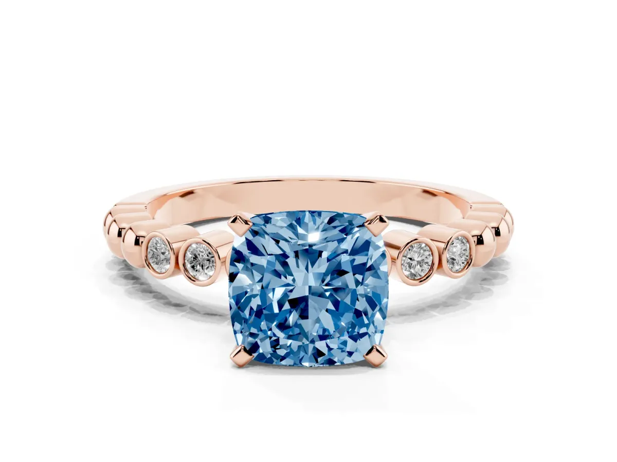Fancy Blue Cushion Cut Solitaire Bezel Accent Diamond Engagement Ring with Beaded Band and Four-Prong Setting Rose gold