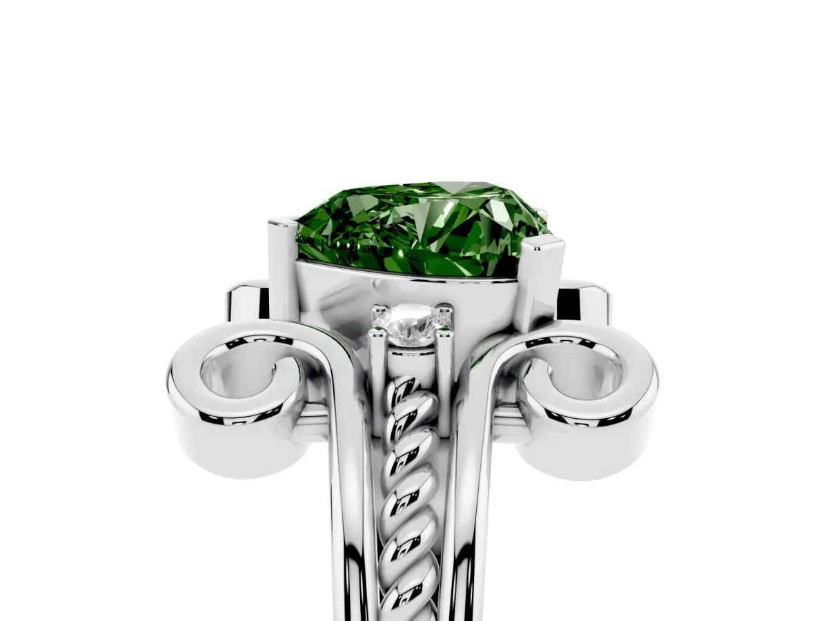 Fancy Green Heart Cut Solitaire Twisted Band Scroll Prong Ring White gold