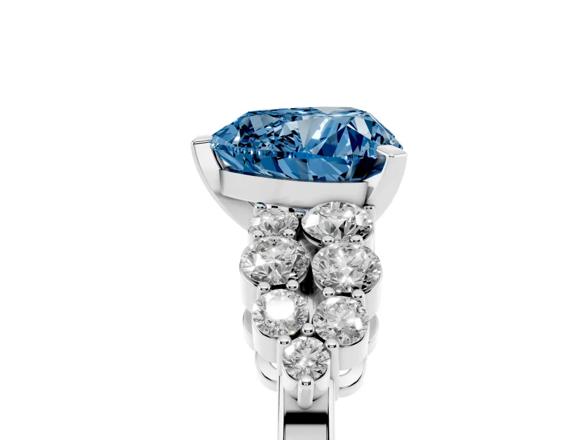 Fancy Blue Heart Cut Cluster Diamond Engagement Ring with Pavé Band and Four-Prong Setting Platinum