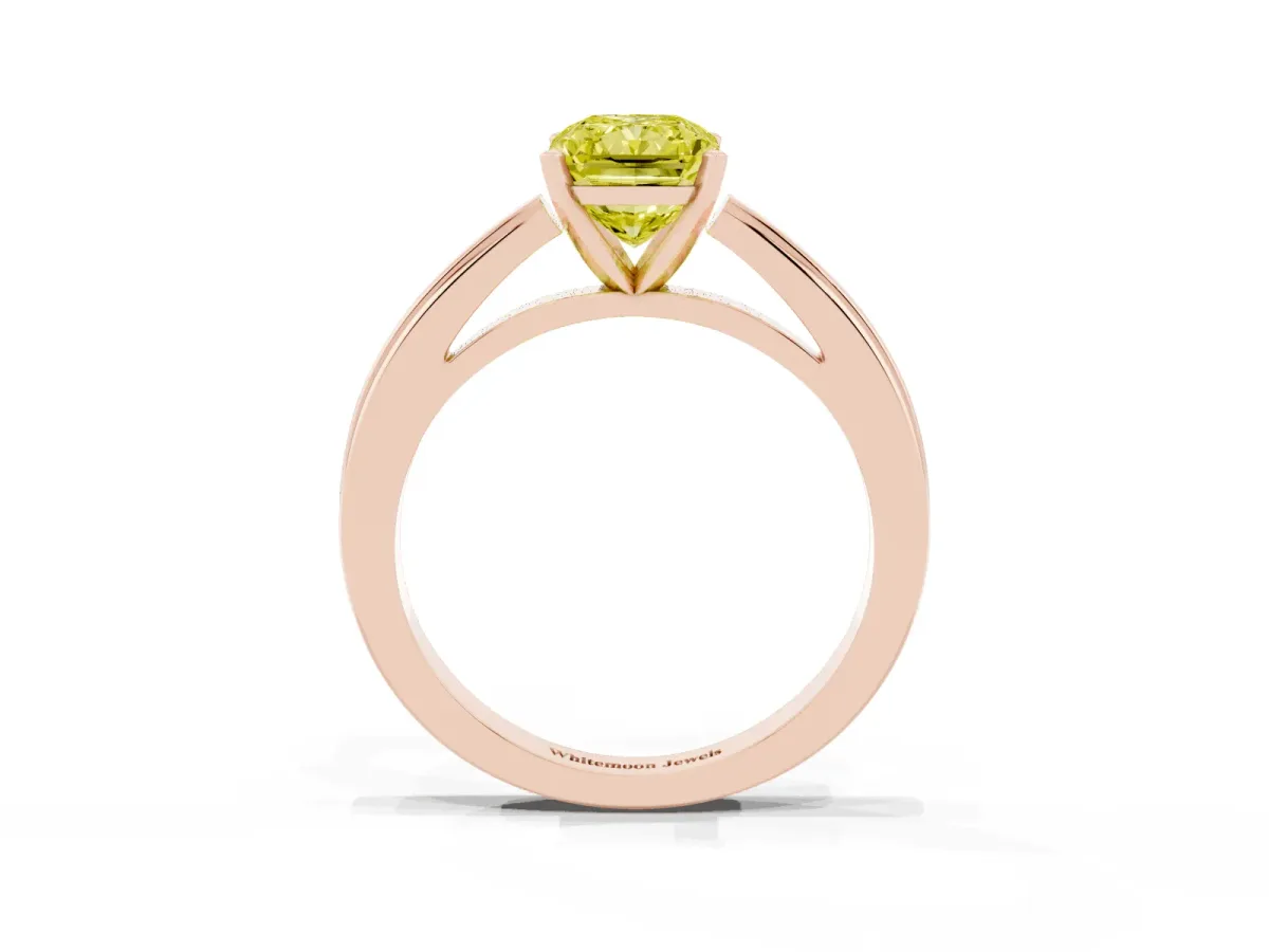 Fancy Yellow Radiant Cut Solitaire Diamond Ring with Four-Prong Setting and Classic Band Rose gold