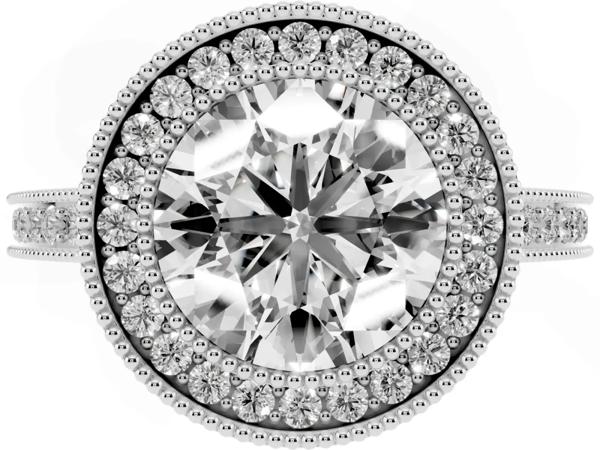Round Cut Cut Halo Diamond Ring with Pavé Band and Milgrain Prong Setting Silver