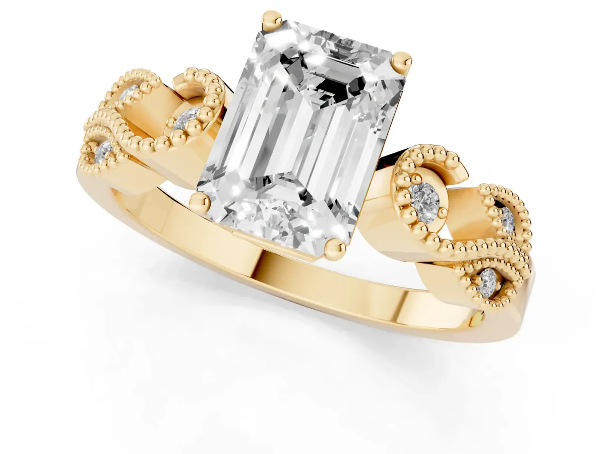 Emerald Cut Solitaire Milgrain Leaf Band with Prong Setting Yellow gold